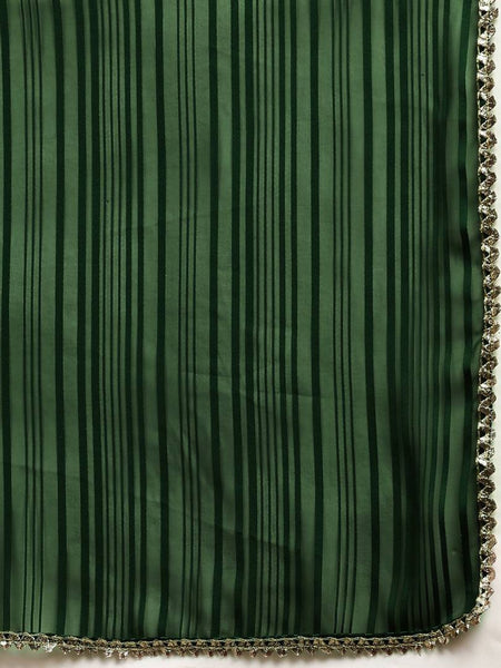 Women's Green & Black Pure Georgette Striped Mysore Silk Saree With Blouse Piece