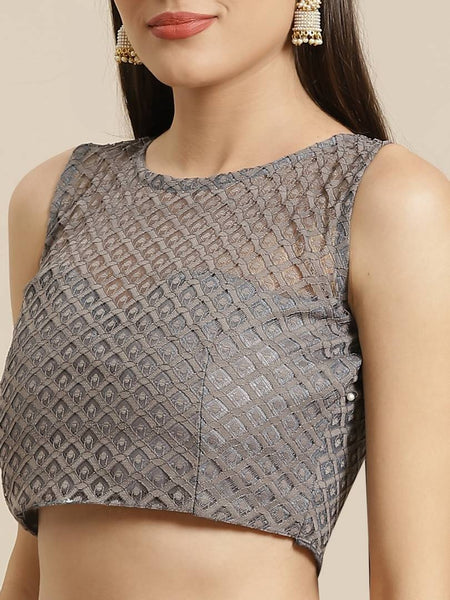 Women's Grey Woven Design Supernet Saree With Blouse Piece