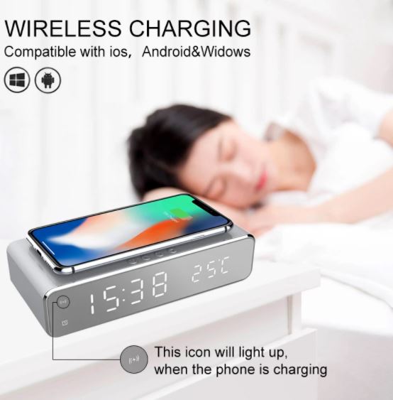 LED Electric Alarm Clock Mirror Clock with Phone Wireless Charger - gocyberbiz.com